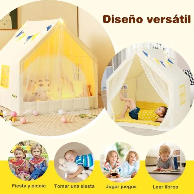 Tenda de brincar para crianças com tapete de algodão lavável Luzes de estrelas laváveis Janelas 122 x 105 x 125 cm Bege