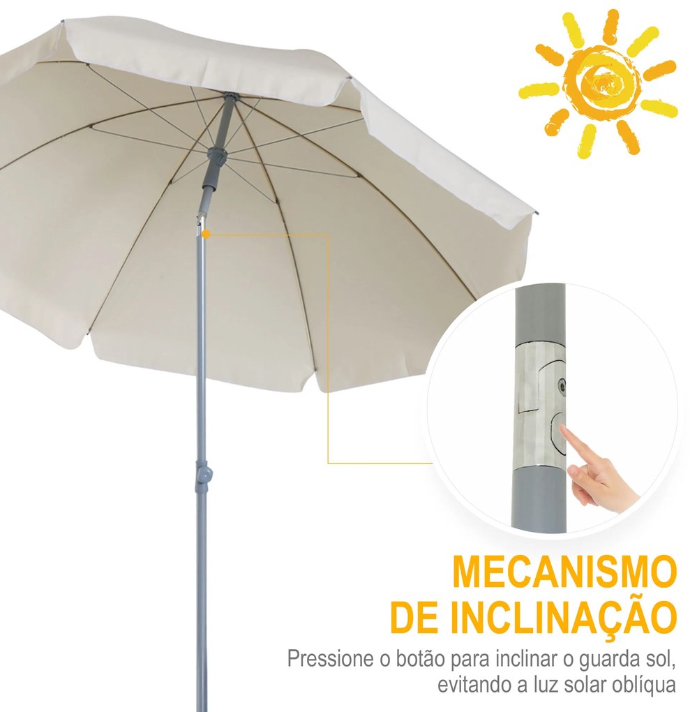 Guarda-sol de praia Ø200 cm de diâmetro com Telhado Inclinado  Poste Destacável  e pico inferior creme