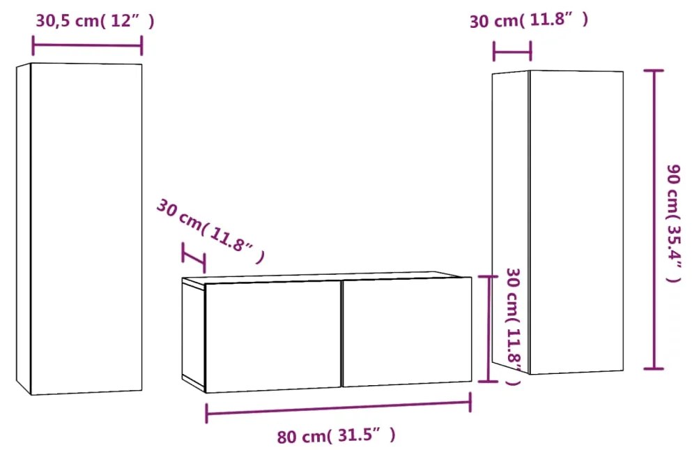 Conjunto móveis de TV 3 pcs madeira processada sonoma cinza
