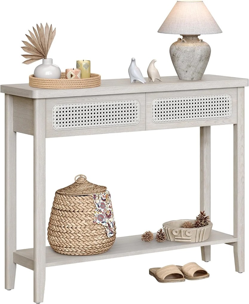 Mesa de console VASAGLE, mesa de sofá, mesa de entrada estreita, mesa de entrada com 2 gavetas, prateleira de armazenamento aberta, cantos arredondados, para sala de estar, estilo boho, bege aveia ULNT016K66