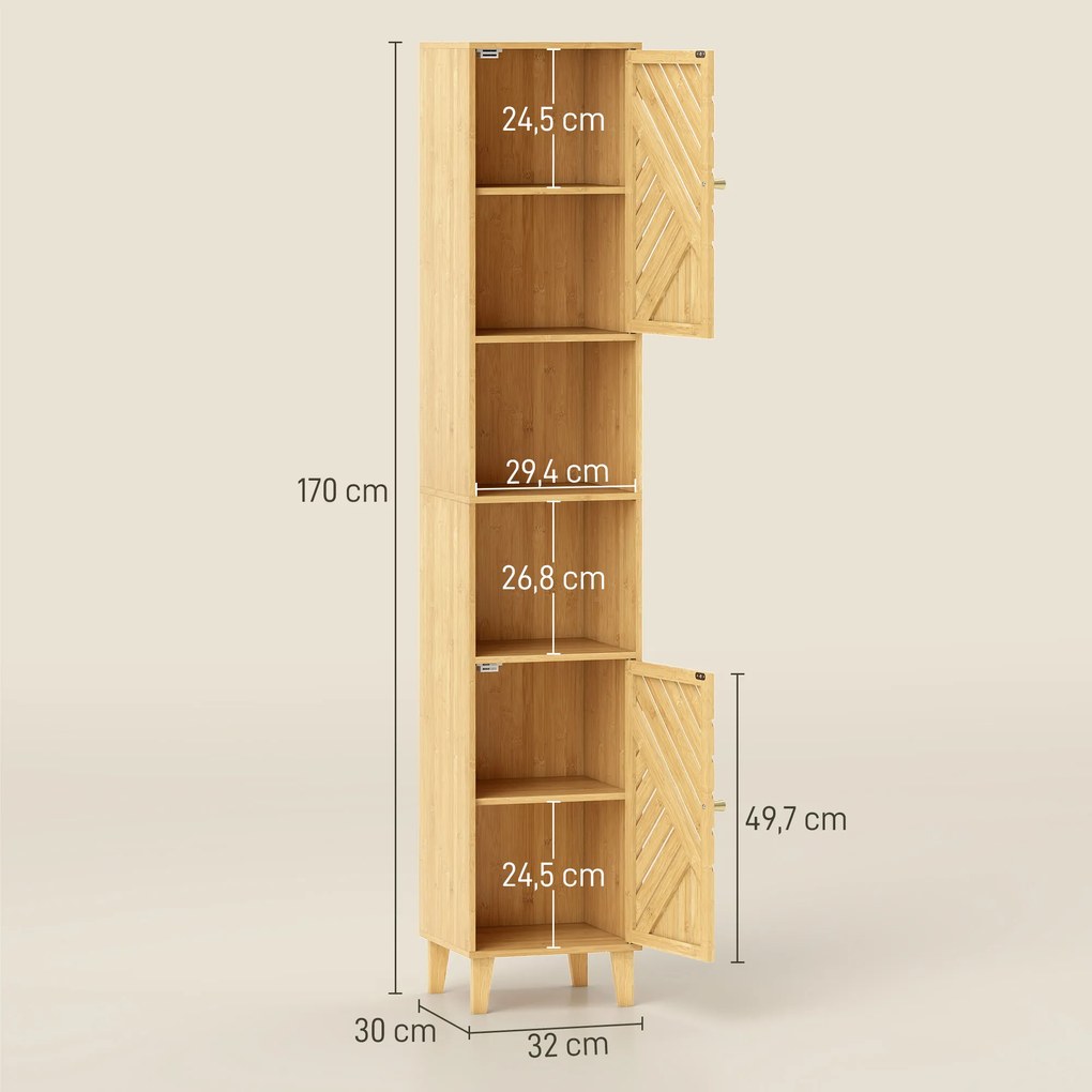 Coluna de Casa de Banho Estreita Armário de Casa de Banho Alto com Portas e Pés de Bambu 32x30x170 cm Madeira