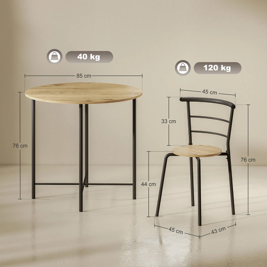 Conjunto de Mesa e Cadeiras de Refeição Mesa de Cozinha Redonda com 4 Cadeiras Estilo Industrial Madeira e Preto