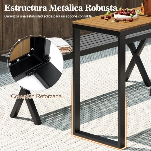 Mesa de jardim retangular com tampo em WPC durável e estrutura metálica resistente 129 x 42 x 75 cm Castanho e preto