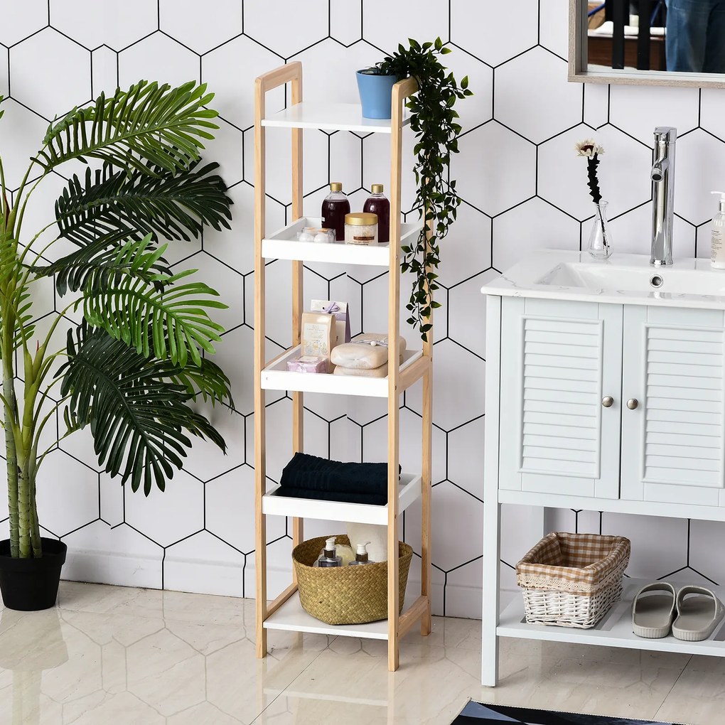 Estante de casa de banho em bambu, modelo vertical, com 3 cestos + 2 prateleiras, 32 x 30 x 130 cm, bege e branco