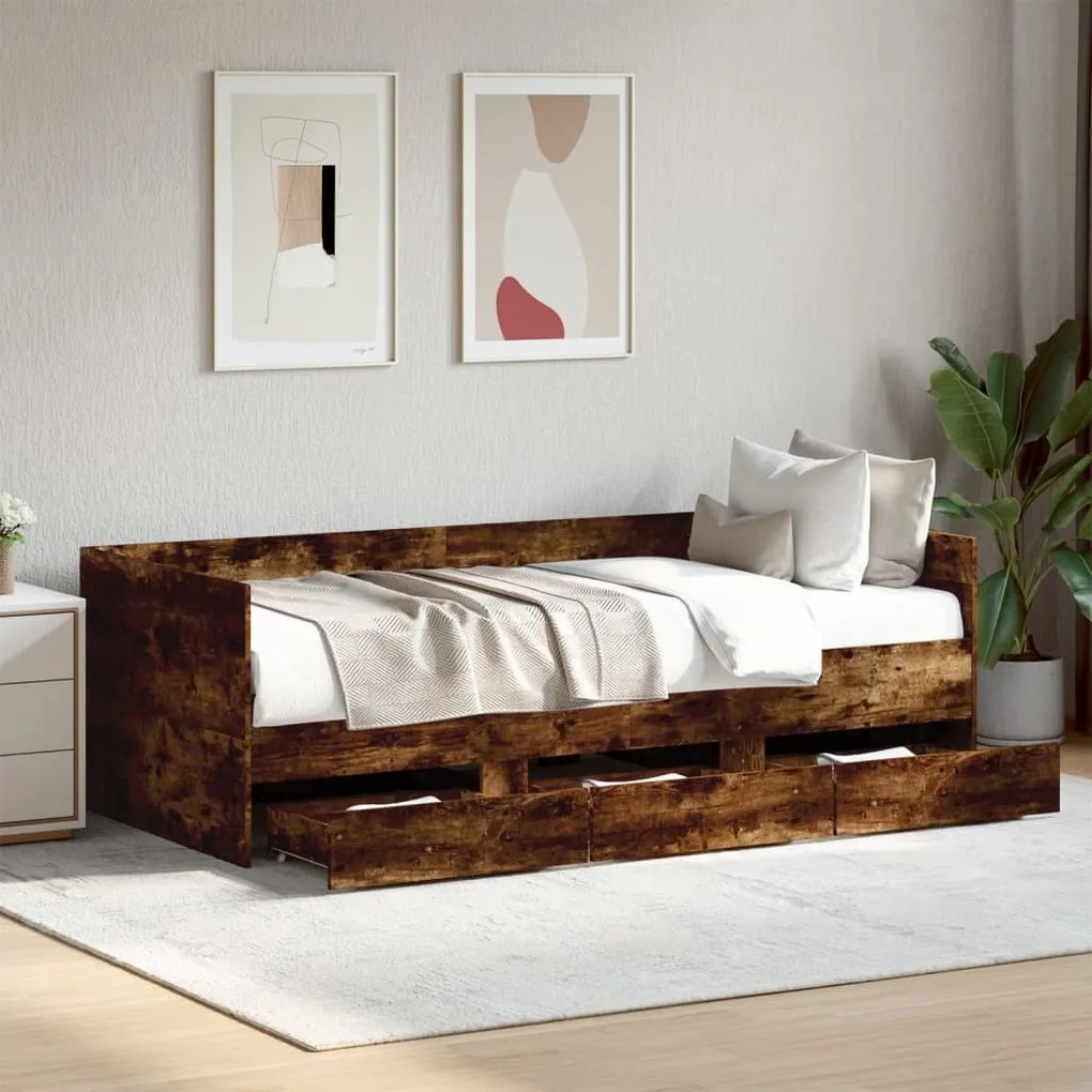 Sofá-cama com gavetas sem colchão 75x190 cm carvalho fumado