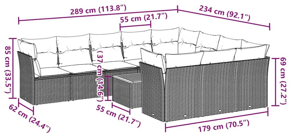11 pcs conjunto sofás de jardim c/ almofadões vime PE cinzento