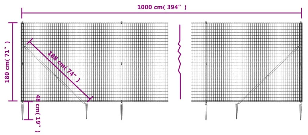 Cerca de malha de arame c/ estacas de fixação 1,8x10m antracite