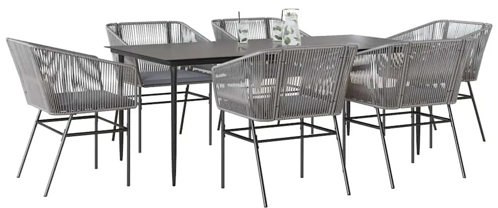 Conjunto jantar jardim 7 peças almofadas vidro vime cinzento PE