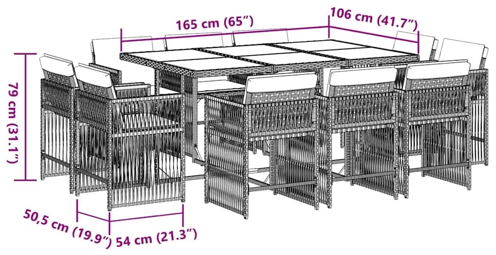 11 pcs conjunto de jantar p/ jardim c/ almofadões vime PE preto