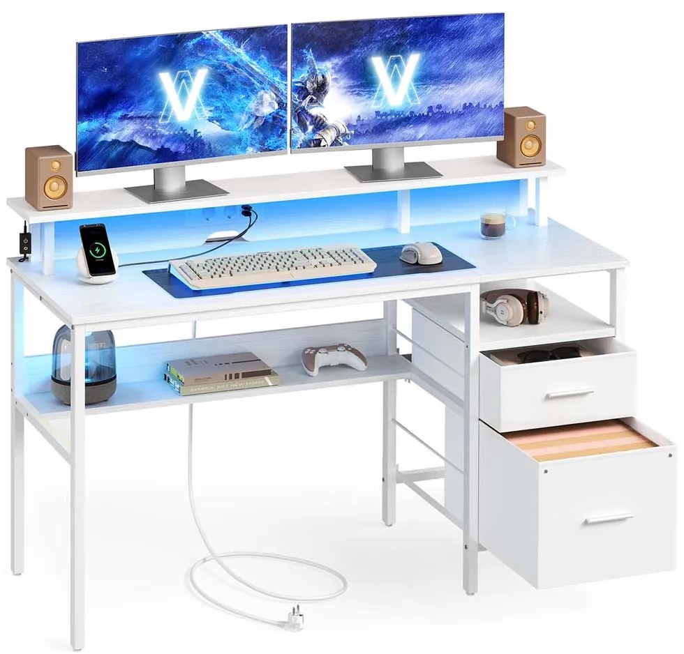 Secretária 55 x 135 x 90 cm com gavetas em tecido e iluminação LED em branco