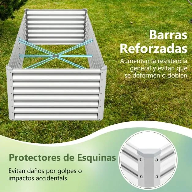 Floreira elevada de metal retangular com varas reforçadas e fundo aberto, 180 x 95 x 60 cm, prateada