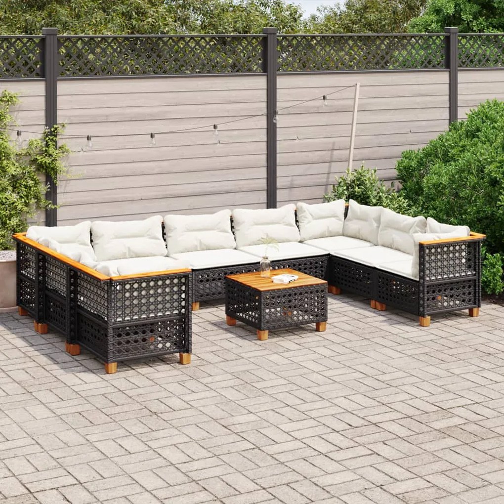 10 pcs conjunto sofás de jardim c/ almofadões vime PE preto