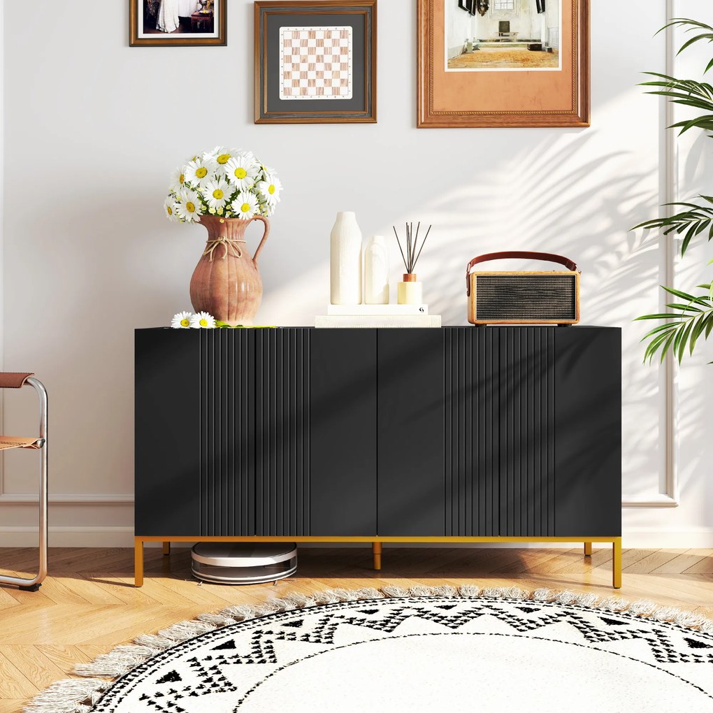Aparador de design contemporâneo com padrão gráfico 140 x 40 x 75 cm, 2 armários e prateleiras ajustáveis, em madeira preta e metal dourado