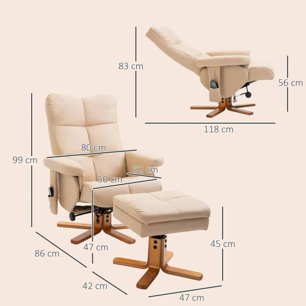 Poltrona de relaxamento com massagem e pufe, poltrona giratória a 360°, encosto reclinável, 80 x 86 x 99 cm, creme