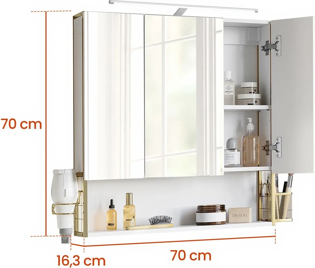Armário de casa de banho com iluminação LED 14,6 x 70,1 x 70,1 cm branco-dourado