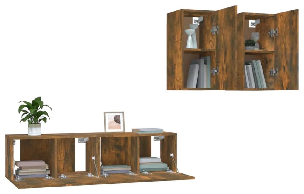 Conjunto móveis de TV 4 pcs madeira processada carvalho fumado