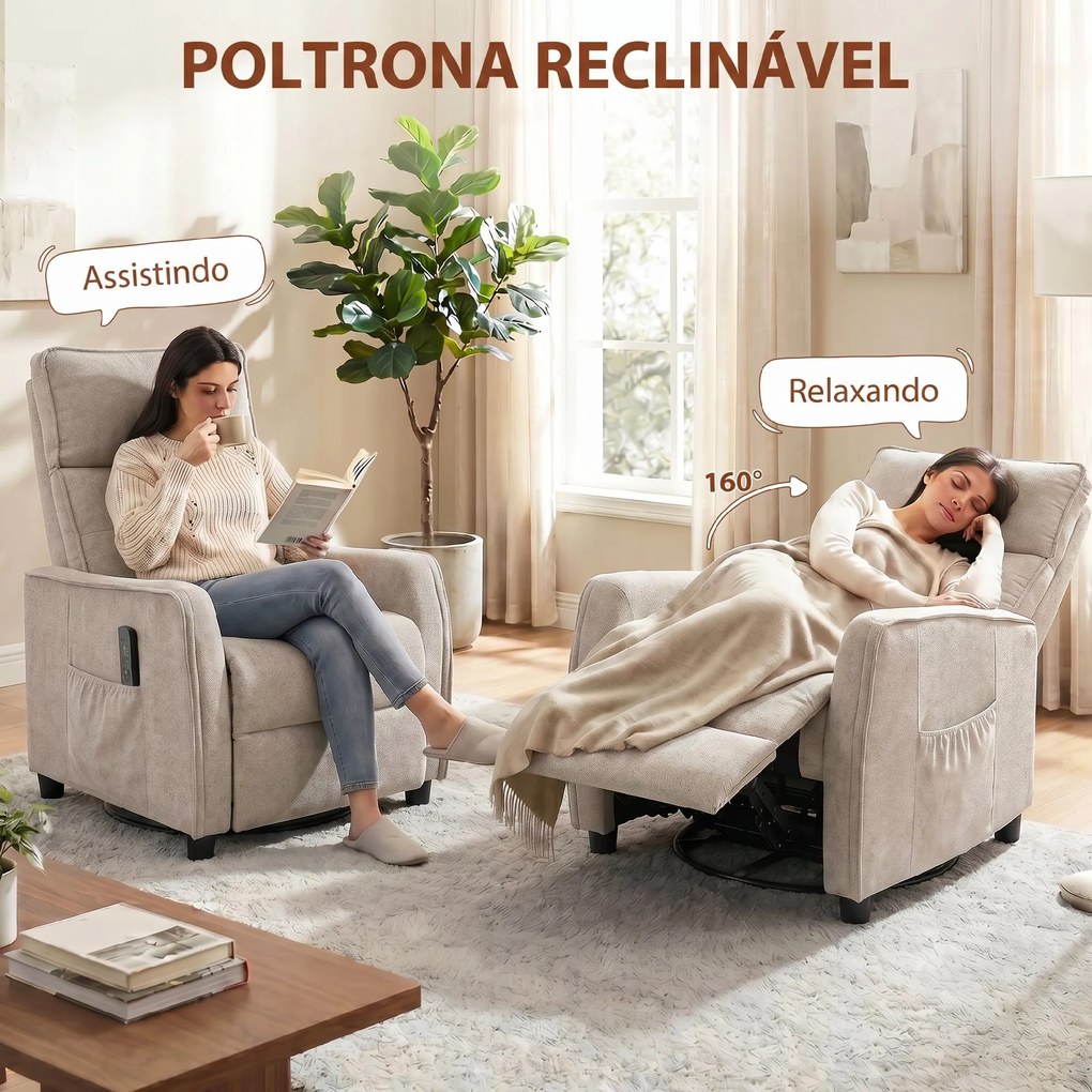 Poltrona de Massagem Reclinável com Apoio para Pés 2 Zonas de Massagem Assento com Molas Bolsos Estofamento em Linho Creme