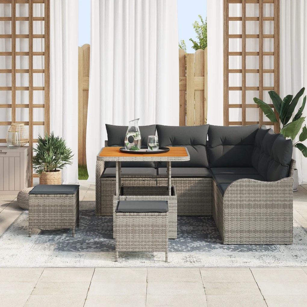 Conjunto de Sofá de Jardim com Almofadas Cinza de 8 Peças de Rattan Si