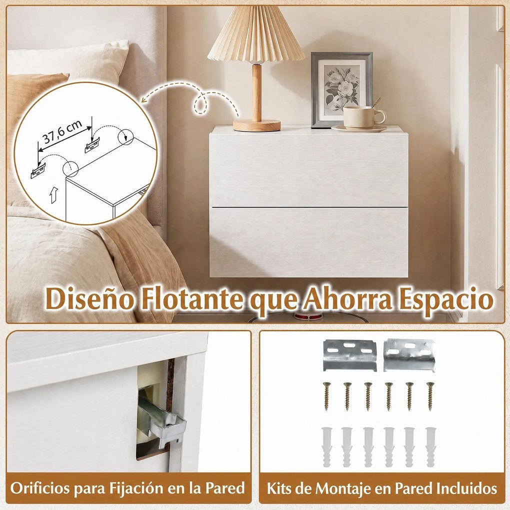 Mesa de Cabeceira Suspensa, 42 x 30 x 29 cm, 2 Gavetas, Branco