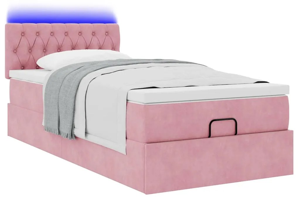 Estrutura de cama otomana com colchão rosa 90x200cm veludo