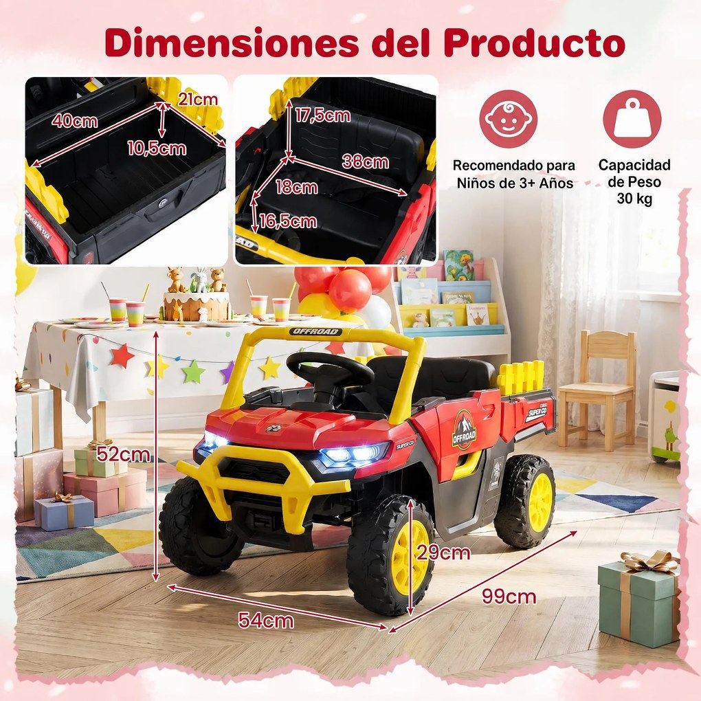 Carrinho Elétrico Infantil 12V para crianaças 2 a 5 anos, 99 x 54 x 52 cm, Motor Duplo, Vermelho
