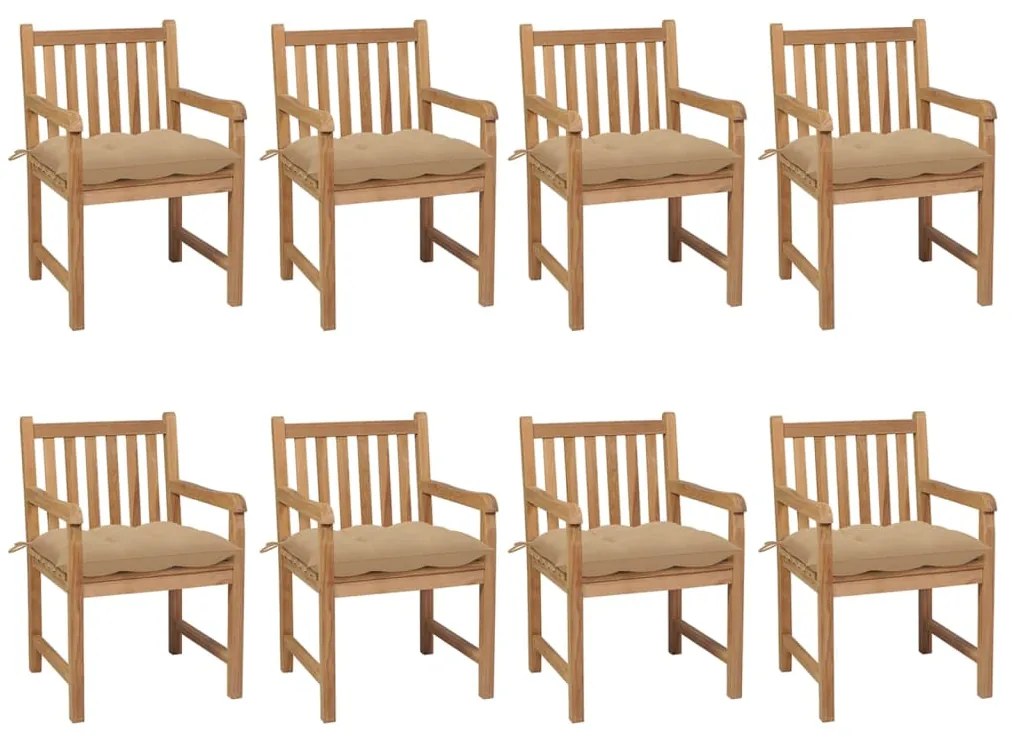 vidaXL Cadeiras de jardim c/ almofadões bege 8 pcs teca maciça