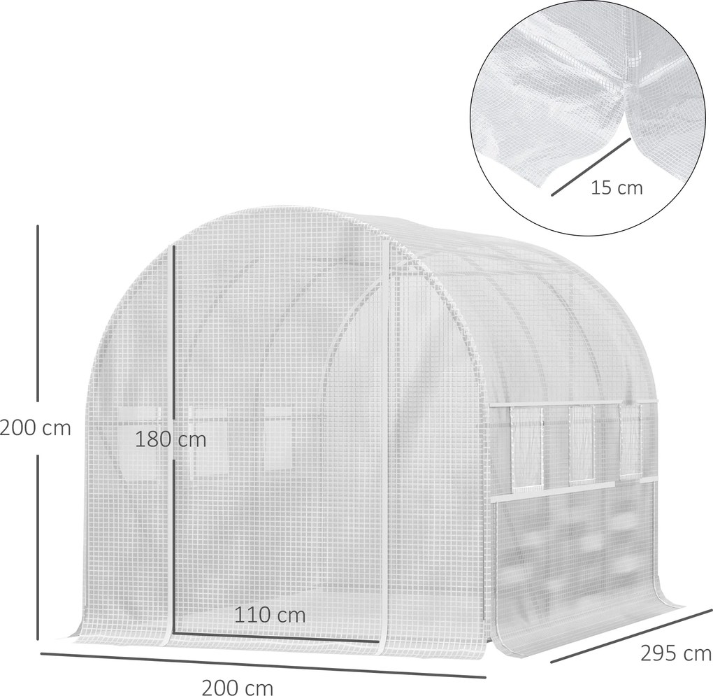 Estufa de jardim tipo túnel com 6 m², 295 x 200 x 200 cm 6 janelas, porta enrolável, lona de PE e estrutura em aço galvanizado branco