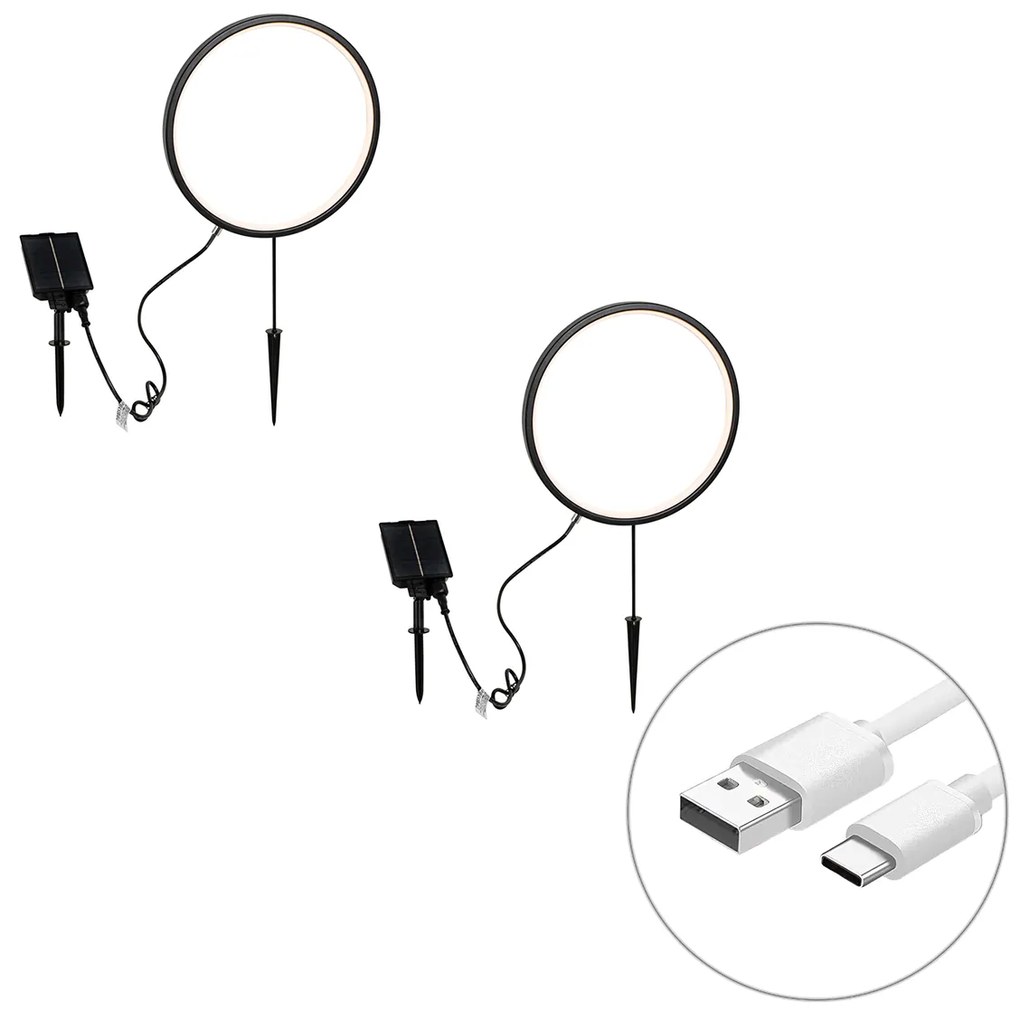 Conjunto de 2 postes de iluminação pretos de 60cm com LED recarregável e solar IP65 - Adalind