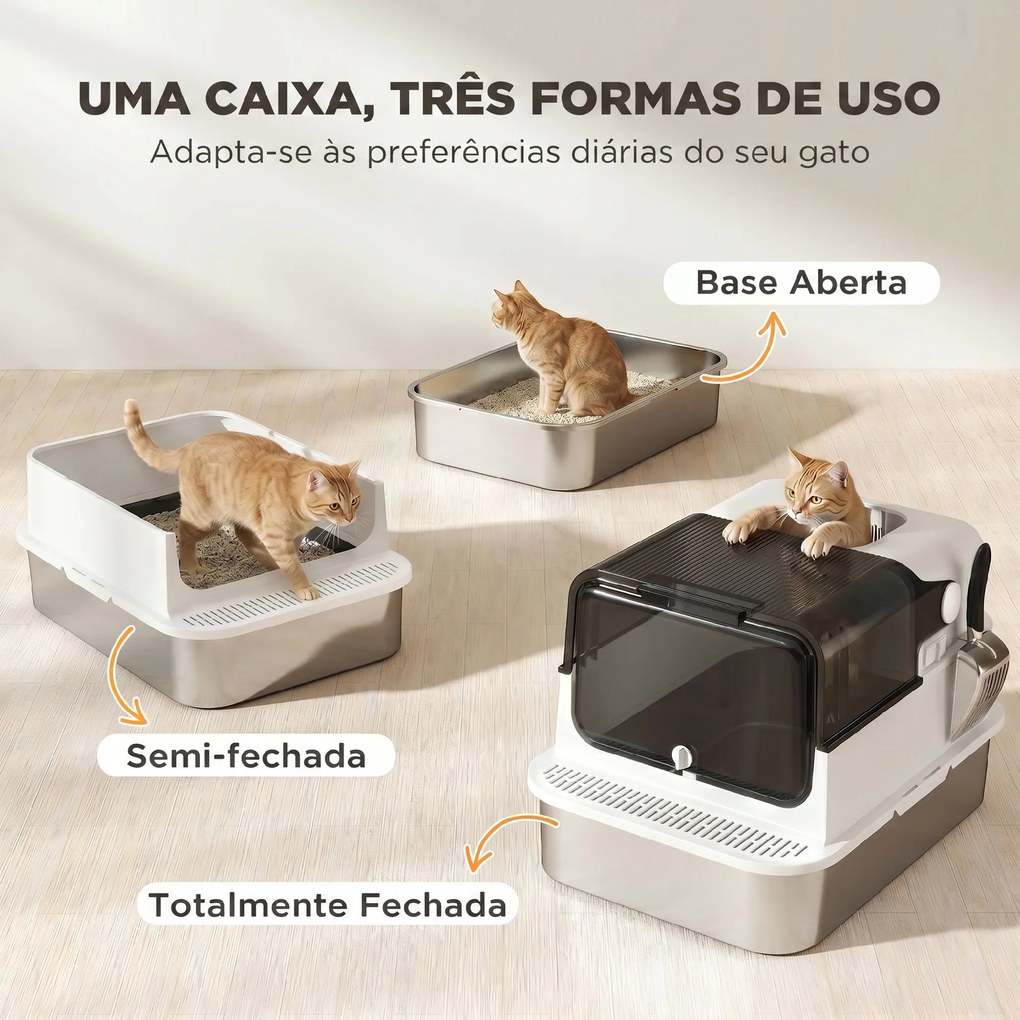 Caixa de Areia para Gatos XXL em Aço Inoxidável com Tampa Basculante, Laterais Altas e Entrada Superior - Branco