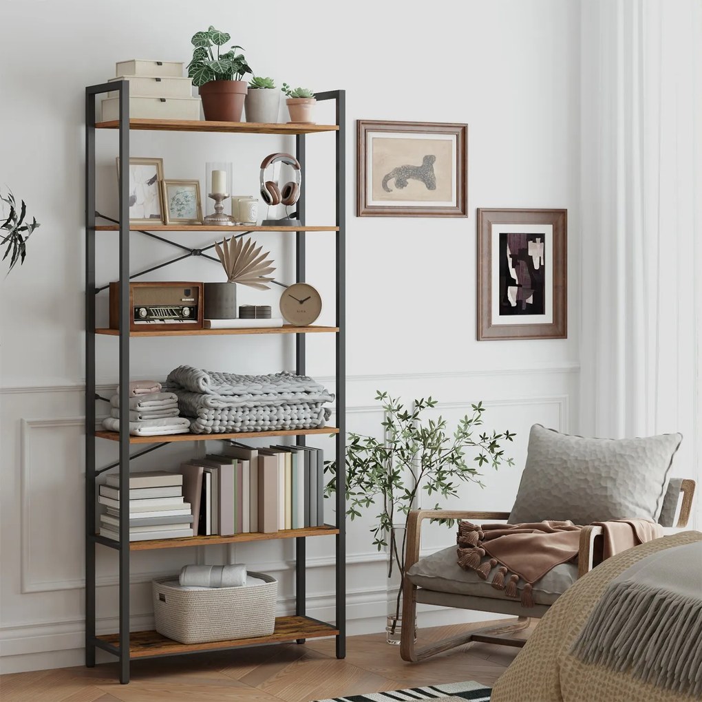 Estante de 6 níveis, com estrutura em aço 30 x 80 x 186 cm Castanho Vintage -preto