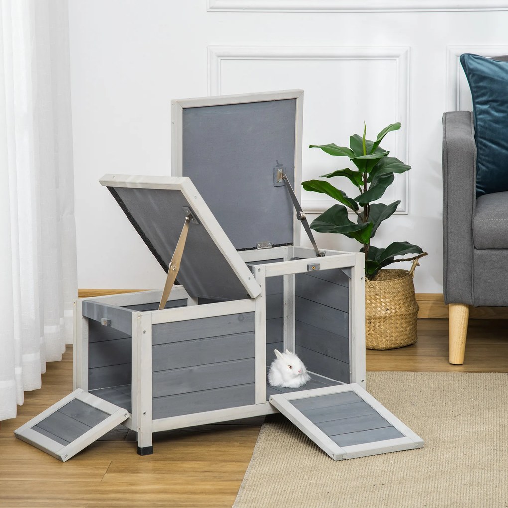 PawHut Coelheira de Madeira de Exterior Casa Elevada para Coelhos Roedores com Tetos Asfálticos Abatível e 2 Portas Convertíveis em Rampas 70x43x45cm Cinza