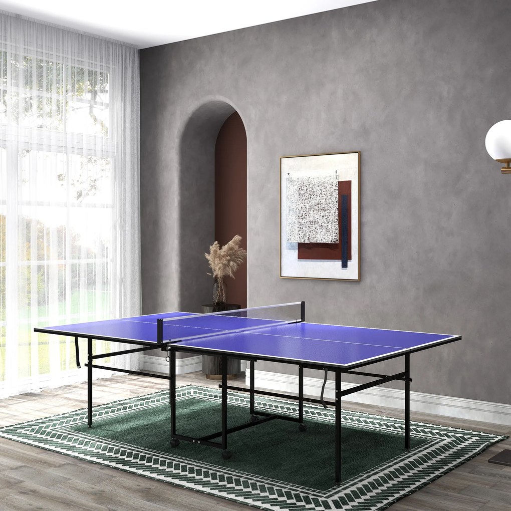 Mesa de Ping Pong Dobrável com 4 Rodas Rede 2 Raquetes e 3 Bolas para Interior e Exterior 274x152,5x75,5 cm Azul