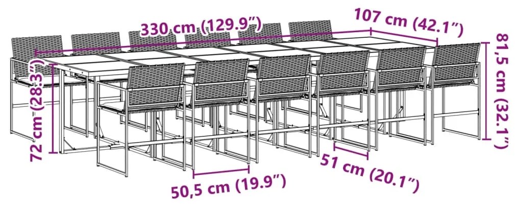 13 pcs conjunto de jantar p/jardim com almofadões vime PE preto