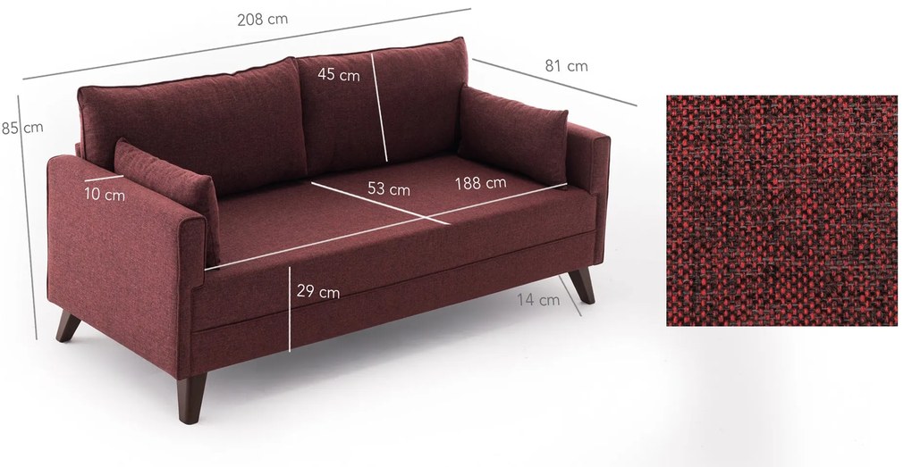 Sofá de 3 Lugares Bella – Vermelho Claret – 208x85x81 cm