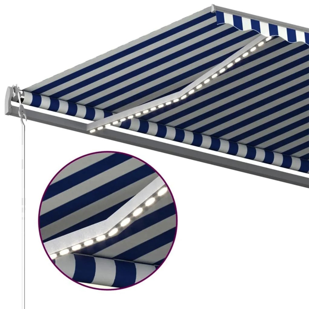 Toldo retrátil manual com LED 500x300 cm azul e branco