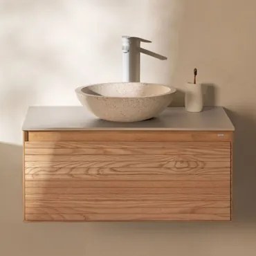 Conjunto De Móvel De Casa De Banho Suspenso 80x50 Cm Em Madeira De Freixo Tedrik Castanho Fresno & Cimento Redondo Branco Ø40 Cm Zavion & - Sklum