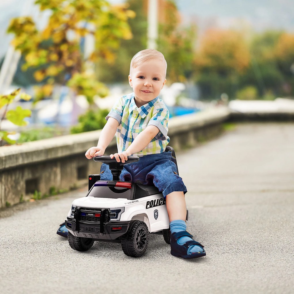 HOMCOM Carro Andador de Policia para Bebé de 18-60 Meses Carro sem Pedais com Buzina Megafone Compartimento de Armazenamento e Encosto Removível 62x29x43cm Branco