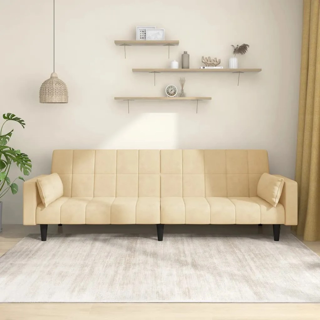 337522 vidaXL Sofá-cama 2 lugares com duas almofadas veludo cor creme