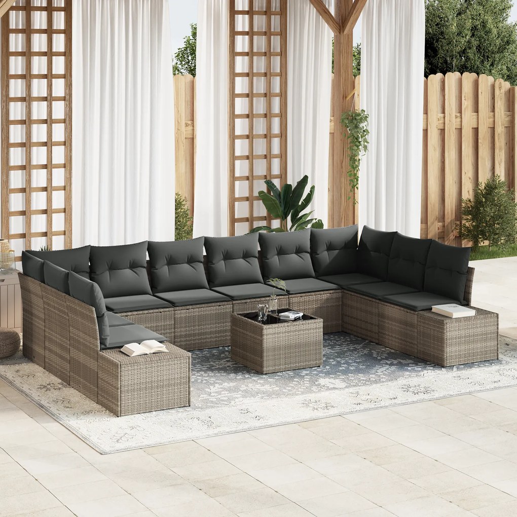 Conjunto de Sofá de Jardim de 11 Peças com Almofadas Cinza Rattan Poli