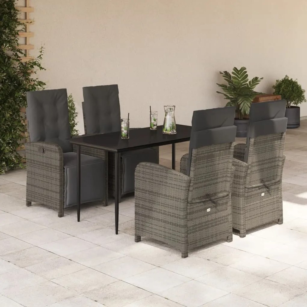 5 pcs conjunto de jantar p/ jardim c/ almofadões vime PE cinza