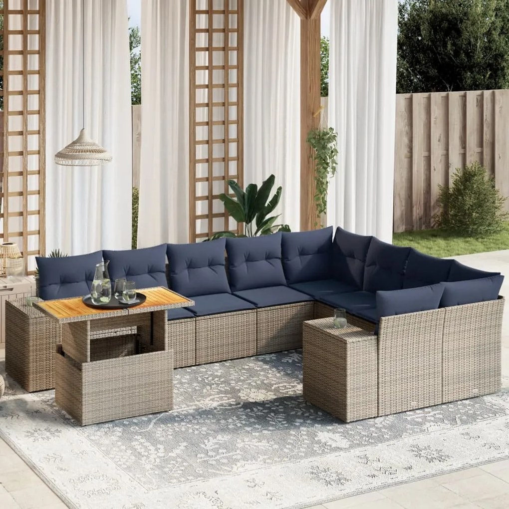 vidaXL 10 pcs conjunto sofás p/ jardim c/ almofadões vime PE cinzento