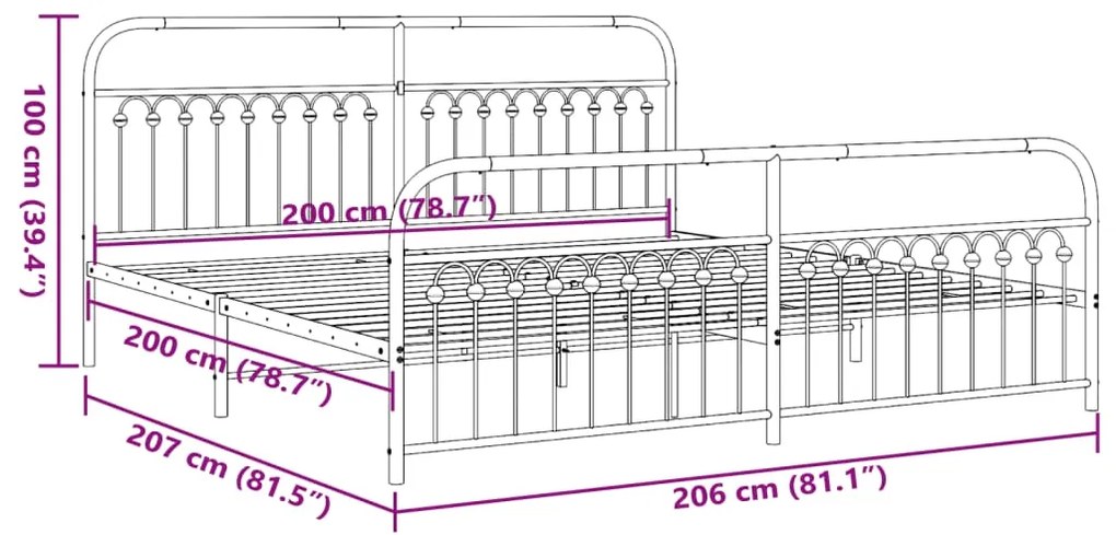 Estrutura de cama com cabeceira e pés 200x200 cm metal preto