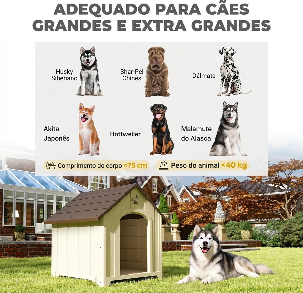 Casota para Cães Exterior Extragrande em Plástico com 2 Janelas, Base Elevada e Estacas Bege