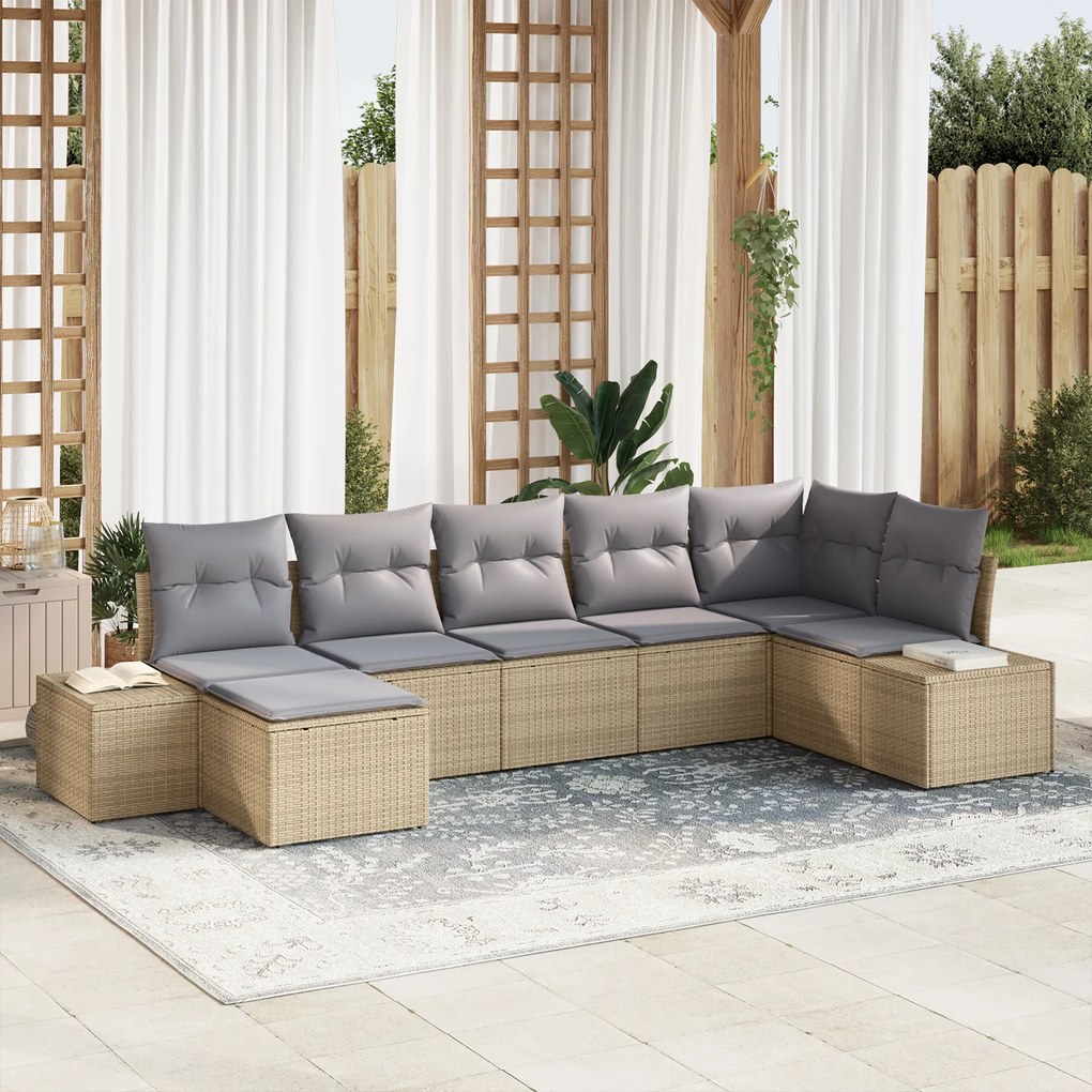 Conjunto de Sofá de Jardim de 7 Peças com Almofadas Bege Rattan Poliés