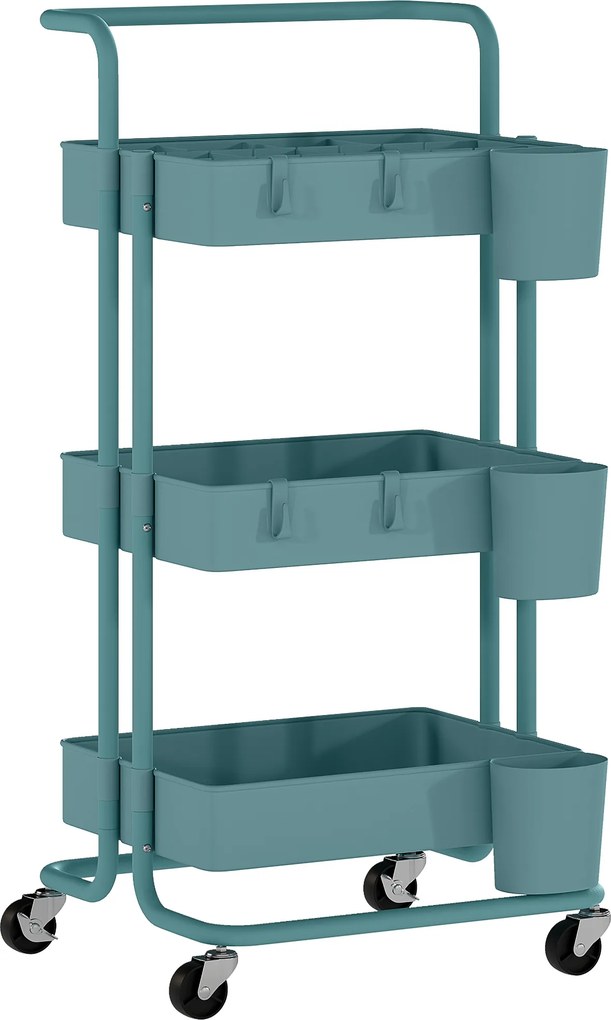 Carrinho de Cozinha de Armazenamento com 4 Ganchos 3 Cestas Removíveis 3 Caixas Suspensas 42x38x86,5cm Azul