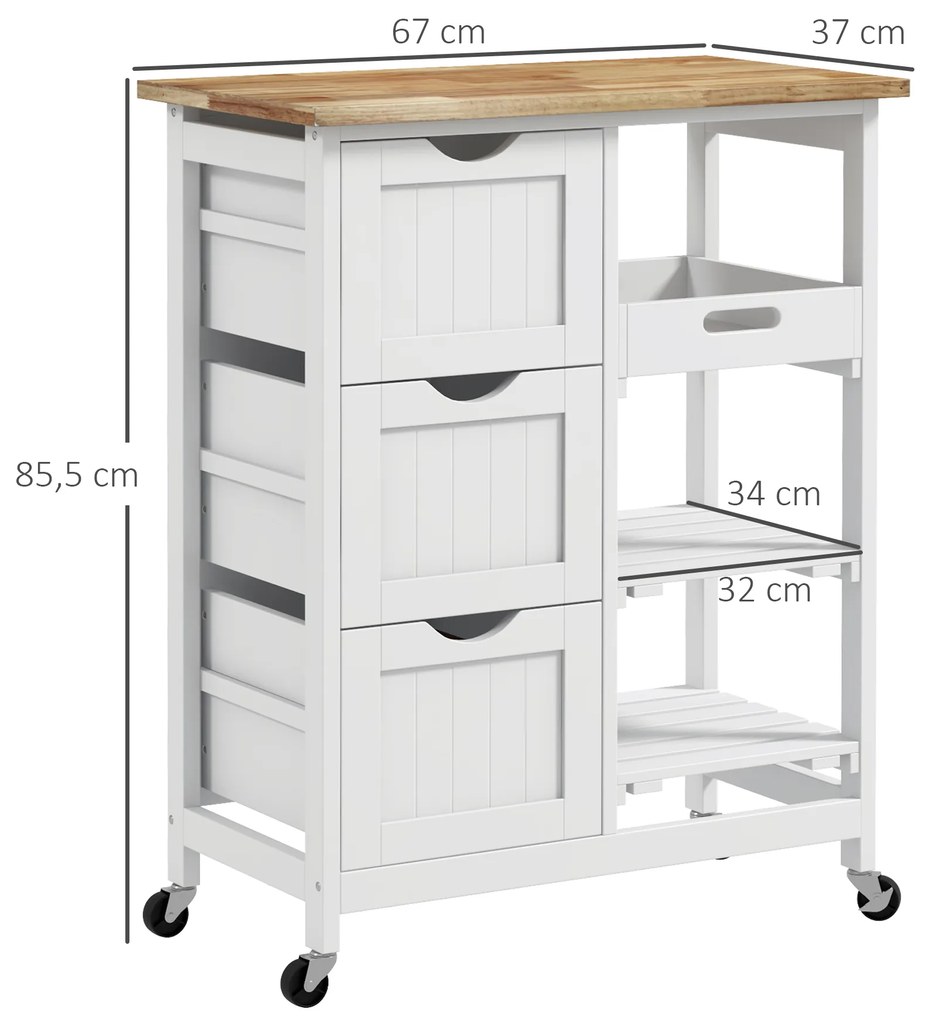 Carrinho de Cozinha com Rodas Carrinho de Serviço com 3 Gavetas 2 Prateleiras Abertas e Bandeja 67x37x85,5 cm Branco