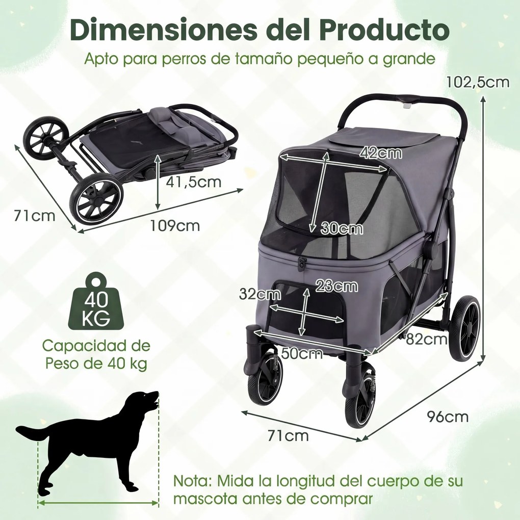 Carrinho para Cães de Grande Porte, 96 x 71 x 102,5 cm, Estrutura Dobrável, Cinzento