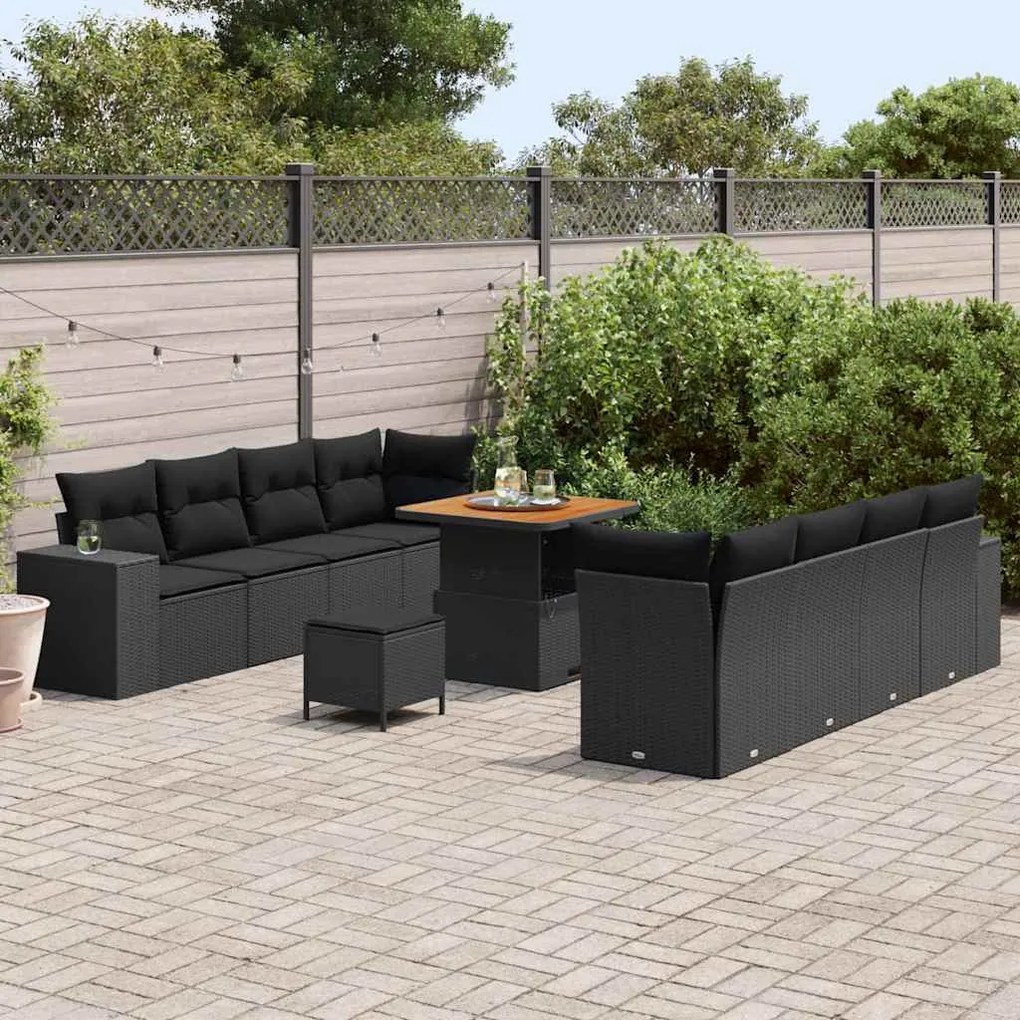 Conjunto de sofá de jardim com 11 peças e almofadas pretas de rattan.
