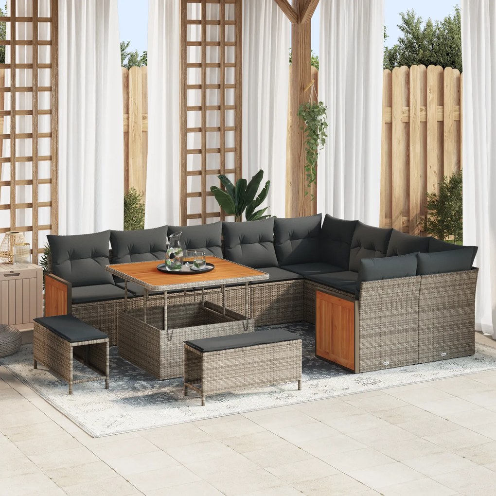 Conjunto de Sofá de Jardim vidaXL de 12 Peças com Almofadas Cinza Polyrattan Acácia