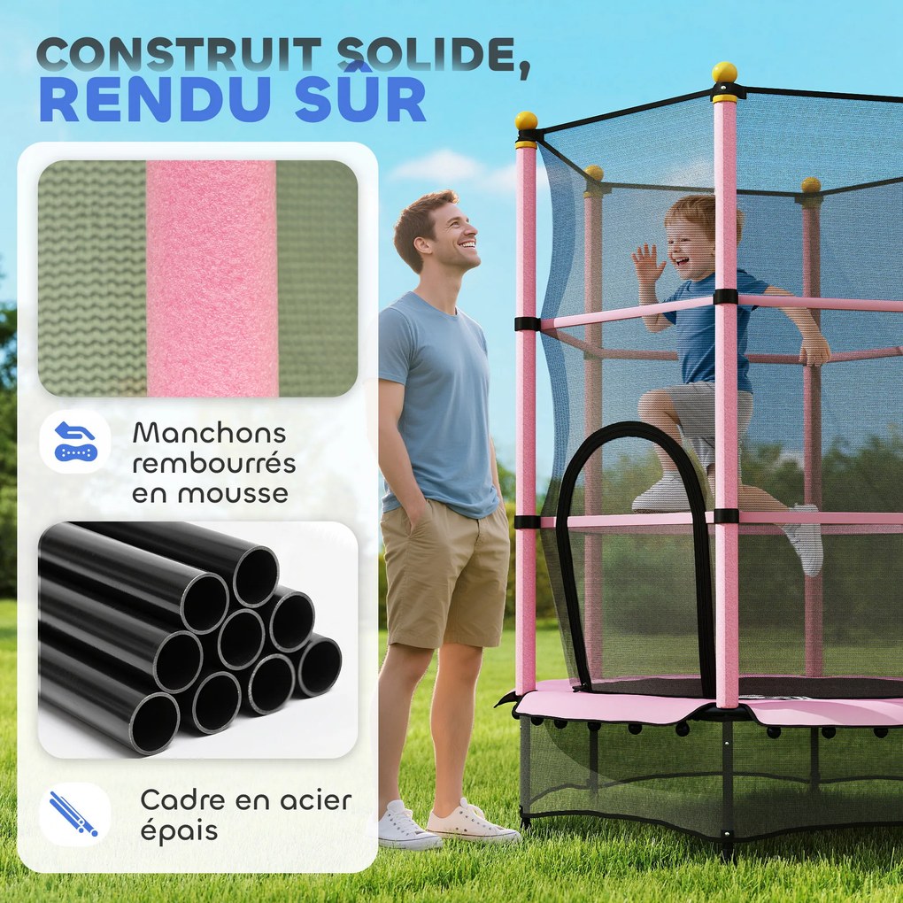 Trampoline Enfant Ø 1,40 × 1,90H m Filet de sécurité Porte zipée Couvre-Ressorts 6 poteaux rembourrés Inclus Rose FR